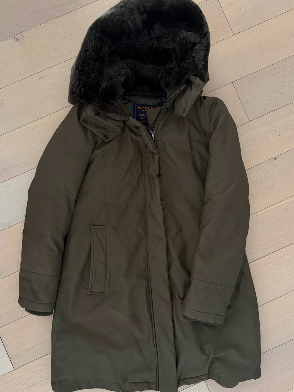 Woolrich Olive Green Fur-Trim Hooded Puffer Coat